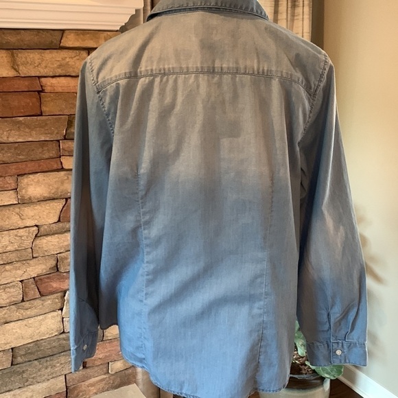 3-$30 Chico’s large denim ruffle front shirt - Picture 2 of 5